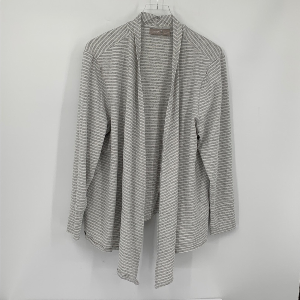 Chicos Zenergy open front striped cardigan knit gray white shawl collar 4 XXL 2X